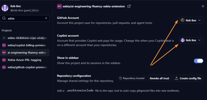 Copilot app settings with arrows pointing to the separate settings for the GitHub and Copilot account.