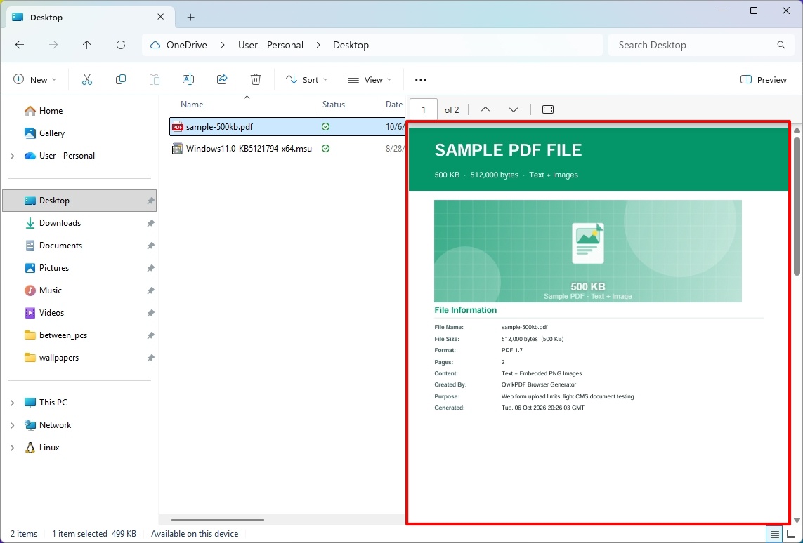 File Explorer with PDF file selected and showing preview.