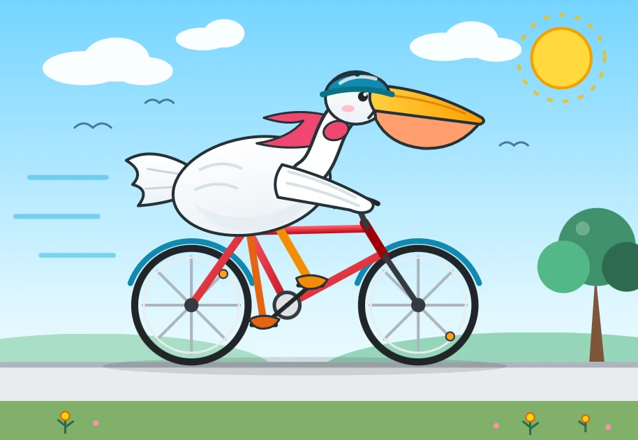 Blue cycling helmet, bicycle is missing one bar but otherwise an OK shape, has mudguards, nice background, OK beak.