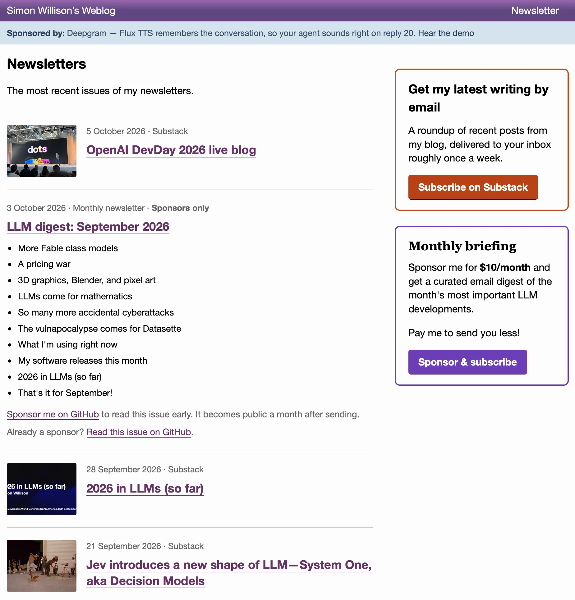 Newsletters page. It shows two Substack posts (with thumbnails) and one LLM digest Sponsors-only newsletter with a list of headings. On the right is a CTA to subscribe to my Substack and another one for my $10/month monthly briefing newsletter.
