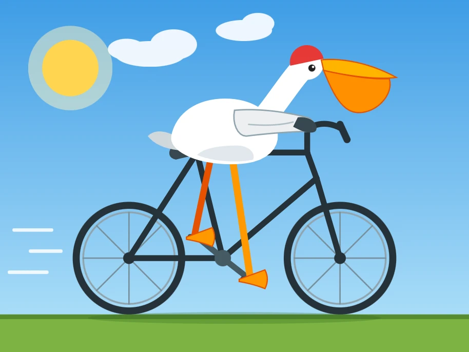Flat vector illustration: a white pelican wearing a red cap rides a dark grey bicycle from left to right across a green grassy strip, its long orange legs reaching down to the orange pedals, a grey wing stretched forward to grip the curved handlebars, and its large yellow-orange beak with a bulging orange throat pouch pointing ahead; behind it, white speed lines show motion, and above, a yellow sun with a pale halo and two white clouds sit in a gradient blue sky.